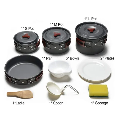 Usine Aluminium Pot Camping Poêle À Frire En Plein Air 14-PCS Cookset Ultra-Léger Cuisinière Pour Les Voyages En Famille